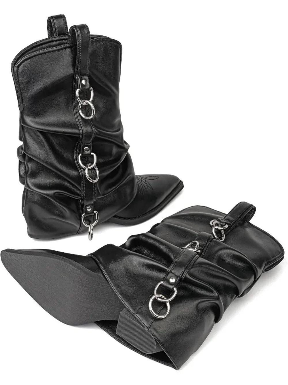 Women's Retro Black Rubber Calf High and Pointed Toe Slouchy Riding Boots